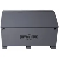This slope-lid jobsite box measures 60 inches wide by 30 inches deep by 37-5/8 inches high, offering 31 cubic feet of storage capacity. It features a gray finish and a recessed padlock hasp for securing tools and equipment on construction sites, industrial facilities, and workshops. Lock is not included