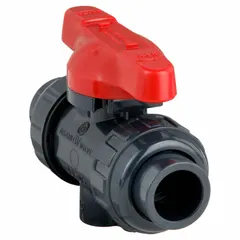 PVC ball valve with straight one-piece body and tee handle. Rated for 150 psi CWP. Used for manual on/off flow control in low-pressure piping systems handling water or other fluids compatible with PVC.