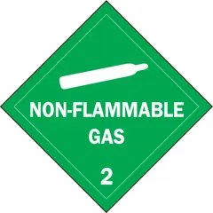 Class 2: Gases placard measuring 10 3/4 in x 10 3/4 in with a label height of 10 3/4 in. Displays the message 'Non-Flammable Gas 2' for container identification in industrial and transport environments.