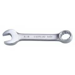 This SAE 12-point combination wrench is constructed from alloy steel with a satin finish. It features a 9/16-inch head size and a 4 3/8-inch overall length with an offset design. Suitable for tightening or loosening 12-point fasteners in automotive repair, equipment maintenance, and general industrial assembly.