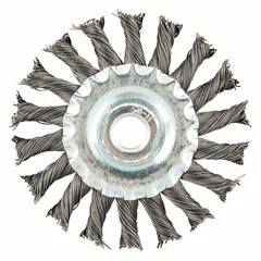 Twisted steel wire wheel brush with 4" diameter, 9/16" width, 5/8"-11 arbor, and 0.02" fill. Designed for heavy cleaning of contoured carbon steel surfaces, removing rust, scale, and weld splatter from irregular shapes.
