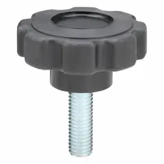 This 8-arm hand knob with threaded stud is used for manual clamping, positioning, and adjustment on industrial machinery, jigs, and fixtures. The plastic body with steel thread provides a comfortable grip and durable fastening in assembly and maintenance applications. Thread size: 1/2"-13, thread length: 1.5 in.