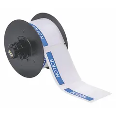White vinyl label roll with NOTICE header, measuring 2 1/4 in x 3 in. Acrylic adhesive for bonding to equipment, panels, and walls. 300 labels per roll. Compatible with i5300 printer series.