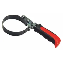 This oil filter wrench features a spring steel strap with a 1-inch width for gripping spin-on oil filters. The rubber handle provides a comfortable grip. It is used for removing oil filters in automotive and equipment maintenance.