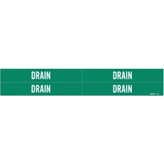 Green adhesive pipe marker with white 'Drain' legend, designed for pipe outer diameters from 3/4 to 2-3/8 inches. Each pack contains 4 markers without arrows. Used to identify drain lines in facility and industrial piping systems.