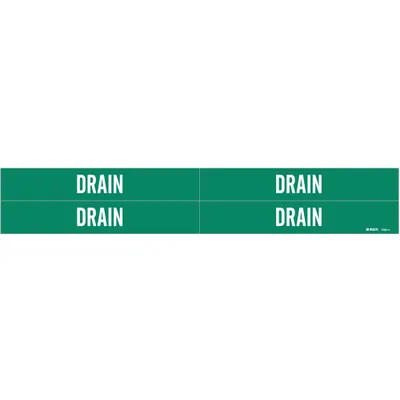 BRADY Pipe Marker: Drain, Green, White, Fits 3/4 to 2 3/8 in Pipe O.D., 4 Pipe Markers - Drain Adhesive Pipe Markers