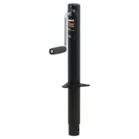 This CURT trailer jack is designed for A-frame mounting and features a sidewind handle for easy operation. It has a static load capacity of 2,000 lb and a maximum lift height of 24-1/4 in, suitable for lifting and supporting the front of medium-duty A-frame trailers during coupling or storage. The jack is supplied without wheels