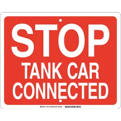 This red railroad flag sign is used to mark stop tank car connected locations in rail yards and industrial sidings. It features a High Intensity Prismatic (HIP) retroreflective grade for visibility in low light, a nominal size of 12 in x 15 in, 0.09 in thickness, and mounting holes for installation.