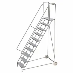 Assembled aluminum tilt-&-roll ladder with 8.3 ft platform height and 350 lb maximum load capacity. Features double handrails and gray finish. Suitable for elevated access in industrial and warehouse settings for maintenance, stocking, and assembly tasks.