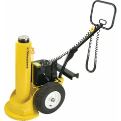 This high-tonnage wheeled jack has a 150 ton load capacity and a 1 in minimum lift. It is powered by an electric pump requiring 240 Volt supply, with a steel body construction. Suitable for industrial positioning and maintenance tasks in plant and workshop environments.