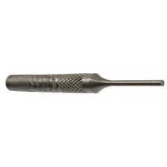 Round steel punch with a flat tip, SAE-sized. Taper length 1 1/4 in, overall length 4 in. Used to drive out pins, dowels, and fasteners from assembled components during mechanical disassembly and maintenance.