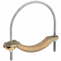 Copper U-bolt ground clamp for securing grounding conductors to 8-inch pipe. Accepts 4 to 4/0 AWG solid or stranded copper grounding wire. Galvanized steel hardware. Used in electrical grounding systems for pipe and rod connections.