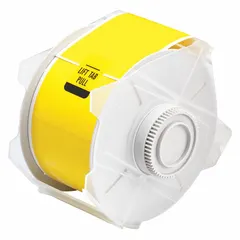 Yellow gloss polyester continuous label roll, 2 1/4 in x 100 ft, rated for outdoor use. Compatible with GlobalMark printer series. Used for industrial labeling of pipes, equipment, and safety signage requiring weather resistance.
