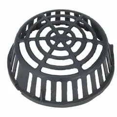 Cast iron dome strainer for roof drain systems. Prevents debris entry while allowing water flow. Drop-in connection type with unfinished finish. Overall height 4 3/8 in. Suitable for commercial and industrial roofing applications.