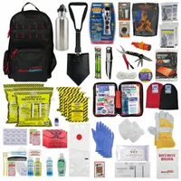 This emergency survival kit serves two people and is contained in a fabric backpack. It includes a 1 L water bottle, 50 Potable Aqua Germicidal Tablets, extra mouthwash, a Large Elite Backpack, an Emergency Power Station 4 Function, a 5-in-1 Survival Whistle, and a 12-pack of Heritage Light-Me Tinder. Suitable for use during power outages, natural disasters, or outdoor emergencies