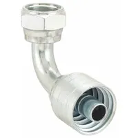 Steel 90° elbow fitting for -16 hose dash size with BSPP female thread (1"-11) on one end and crimp connection on the other. Used to route hydraulic hose at a right angle in fluid power systems requiring a leak-resistant crimped assembly