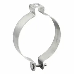 Screw-on conduit and cable hanger with a 3 3/16 in opening for 4 in trade size IMC. Made of polished stainless steel. Used for supporting conduit and cable runs in industrial environments.