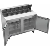This refrigerated prep table provides 13 cu ft of cold storage for ingredients during food preparation. It features two doors, electronic controls, and is Energy Star Compliant. Commonly used in commercial kitchens for sandwich, salad, and pizza preparation