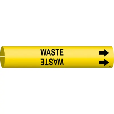 BRADY Pipe Marker: Waste, Yellow, Black, Fits 1 1/2 to 2 3/8 in Pipe O.D., 1 Pipe Markers - Waste Snap-On Pipe Markers