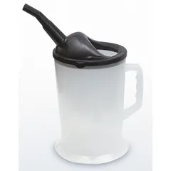 Angled oil measuring container with 155 fl oz capacity, 4 in spout length, and 19 in overall height. Includes graduation marks for accurate fluid measurement. Used for dispensing and measuring oils and other fluids in lubrication and maintenance tasks.