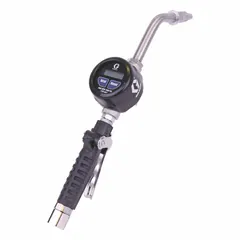 Digital metered manual dispense gun with pressure-activated operation. Features a stainless steel nozzle body and spout with rigid extension. Maximum flow rate of 8 gpm and 1/2 in NPT connection. Wetted materials include acetal, aluminum, carbon steel, Geolast®, nitrile rubber, and stainless steel. Suitable for precise dispensing of fluids such as lubricants, adhesives, or sealants in industrial fluid handling systems.