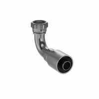 Steel 90° elbow crimp hose fitting with JIC female swivel connection on one end and crimp connection for -20 dash size hose on the other. Thread size is 1-5/8"-12. Used in hydraulic systems to create a permanent, leak-resistant hose assembly between a hose and a JIC threaded port