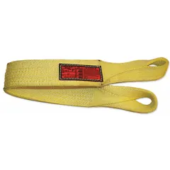 This standard nylon twisted-eye web sling has 2 plies and a 4 ft length, with a vertical hitch capacity of 8,900 lb. It is used for lifting and rigging heavy loads in industrial settings such as construction, manufacturing, and warehousing. The nylon construction provides flexibility and strength for secure load handling.