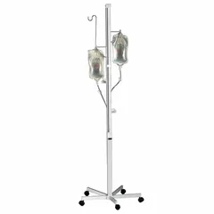 Standard IV pole constructed from aluminum with two hooks for hanging intravenous fluid bags. Suitable for use in healthcare settings to support patient infusions.