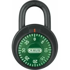 This ABUS combination padlock features a green dial and a steel body with a steel standard shackle. It is designed for keyless security, with a resettable combination mechanism. Typical applications include securing lockers, toolboxes, cabinets, and gates in indoor or light outdoor environments.
