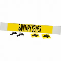 Fiberglass carrier-mounted pipe marker with black legend 'Sanitary Sewer' on yellow background, including directional arrows. Designed for pipe outer diameters of 8 inches and larger. Used to identify sanitary sewer piping in industrial and municipal facilities.