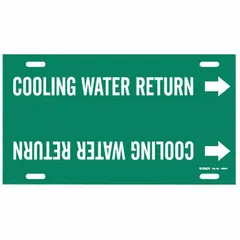 Green pipe marker with white legend 'Cooling Water Return' and directional arrows. Fits pipe outer diameters of 10 to 15 inches. Supplied as a single strap-on marker for identifying cooling water return lines in piping systems.