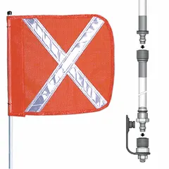 Non-lighted warning whip with 10 ft overall height and 11 in orange flag featuring a white reflective X. Includes Quick Disconnect Base with Split Pole for easy installation and removal. Used to mark slow-moving vehicles, construction equipment, and off-road machinery for high visibility.