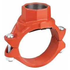 This outlet pipe clamp is a ductile iron fitting with an EPDM seal, designed for grooved piping systems to create a branch connection. It accommodates pipe sizes of 3 in x 2 in x 1-1/2 in and is rated for a maximum operating pressure of 300 psi at 150°F. Typical applications include fire protection, HVAC, and industrial water lines where a leak-resistant tee junction is required.