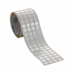 Aluminum foil disc with acrylic adhesive, 1-3/4 in diameter, 2-1/4 in width, 4.6 mil thickness. Part of the AF-SH series. Used for masking in electroplating, anodizing, and powder coating processes where a conductive, heat-resistant barrier is required.