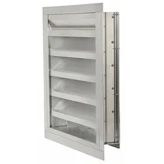This drainable stationary-blade louver is constructed from extruded aluminum with a flanged surface-mount design. It measures 29 1/2 inches in height and width, and is rated for a maximum air velocity of 3500 fpm. Commonly used in building facades, mechanical rooms, and equipment enclosures to allow airflow while blocking rain and debris.