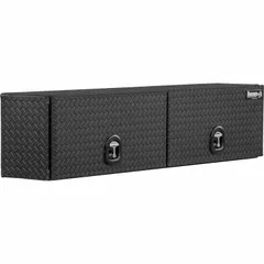 This topside box features double flip-up doors with a T-handle compression lid and keyed lock for secure storage. Finished in matte black, it is designed for mounting in truck beds to organize tools and equipment.