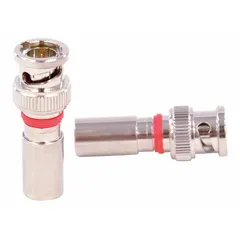 Male BNC connector for RG-6 coaxial cable. Silver finish. Compression-type termination. Rated for plenum applications. Pack of 10. Used in commercial and residential installations requiring fire-code compliance, such as security cameras, broadcast video, and data networks.