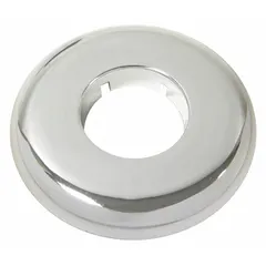 Plastic escutcheon with chrome finish, supplied in a 12-pack. Used to cover the gap between a faucet base and mounting surface for a finished appearance. Designed for universal fit with most manufacturers' faucet series.