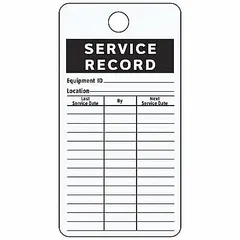 Adhesive aluminum label for marking equipment service dates. Measures 3 in wide by 4 1/4 in high, black/silver, English text. Supplied as 25 labels per pack. Used to record maintenance history and support scheduling.