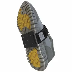 Strap-on traction device with 5 tungsten carbide spikes per shoe for secure footing on snow. Overall width of 1 inch per pair. Suitable for walking on icy or snowy surfaces when attached over boots or shoes.