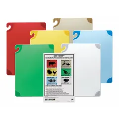 This six-piece cutting board set from SAN JAMAR includes color-coded boards in blue, brown, green, red, white, and yellow for use in commercial food preparation. Each board measures 24 inches long by 18 inches wide and is made from co-polymer material. The set is NSF certified.