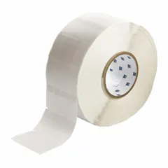 Vinyl wraparound label with white matte finish, sized 1 3/4 in x 3/4 in, for wire gauges 8 AWG to 2 AWG. Compatible with THT printer series; requires IP-R4307 ribbon. Used for permanent identification of wires and cables in industrial settings.