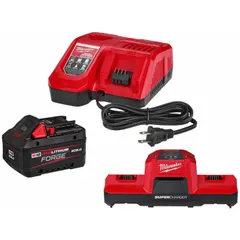 This kit includes two M18 8 Ah batteries and two chargers, operating at 18V DC. The batteries feature oil-resistant housing for use in environments where exposure to fluids is common. Suitable for powering M18 cordless tools in construction, maintenance, and industrial settings.