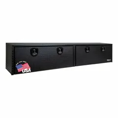 Double drop-down door topside box for secure storage of tools and equipment on flatbed or service trucks. Features a matte black finish, keyed lock, and 96-inch overall width to accommodate long items.