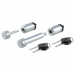 This receiver lock is constructed from steel with a chrome-plated silver finish. It includes four keys and is designed to secure a trailer hitch receiver, replacing a standard hitch pin and clip.