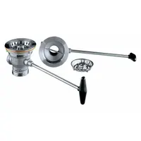 Stainless steel sink drain assembly with lever-activated stopper and included strainer. Threaded connection with 4 3/8 in overall diameter. Suitable for commercial or residential sink installations requiring corrosion resistance