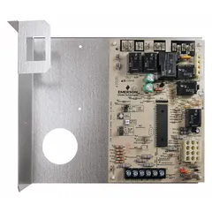 This integrated furnace control board operates on 25V AC and is designed to control air cleaners. It is an OEM replacement for York systems and is compatible with ICM, White-Rodgers, and York brands. Used in residential and light commercial forced-air heating systems for service and retrofit applications.