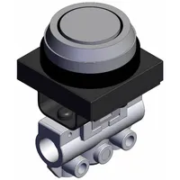 Manual air control valve with flush button actuator and side-ported body. Features 2 ports with 1/8 in NPT connections for on/off flow control in pneumatic systems. Suitable for panel-mount or inline applications requiring manual air shutoff