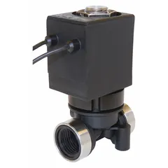 This 2-way, 2-position normally closed solenoid valve uses a poppet design and operates on 120V AC. It has a 1/4 in pipe size and a water-resistant coil enclosure. Typical applications include on/off control of liquids or gases in industrial automation, water treatment, and process control systems.
