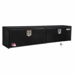 This steel topside box features double drop-down doors with a T-handle lid and a keyed lock for secure storage. The black finish provides corrosion resistance. Suitable for mounting on truck beds to organize and protect tools and equipment.